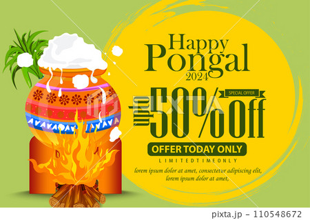 50% Offer advertising banner design for Indian Pongal festival celebration. Vector illustration 110548672