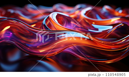 3d rendering of abstract wavy liquid background. Orange, blue, and red colors. Generative AI 110548905