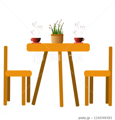 wooden chair and table set with flower pots and two cups of coffee wooden chair and table set with flower pots and two cups of coffee 110549391