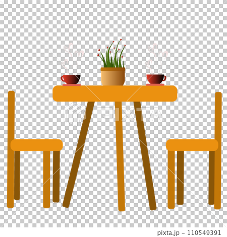 wooden chair and table set with flower pots and two cups of coffee wooden chair and table set with flower pots and two cups of coffee 110549391