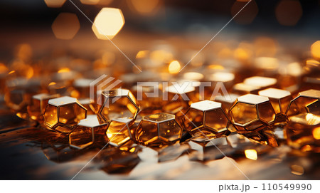 Golden honeycombs on a wooden table. Shallow depth of field. Generative AI 110549990