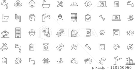モノクロの水回りと工事の線画アイコンセット モノクロの水回りと工事の線画アイコンセット 110550960