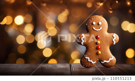 Charming gingerbread man cookie with colorful icing details placed on a festive background, perfect for holiday greetings and messages, with ample copy space for your text or design. Generative AI 110551213