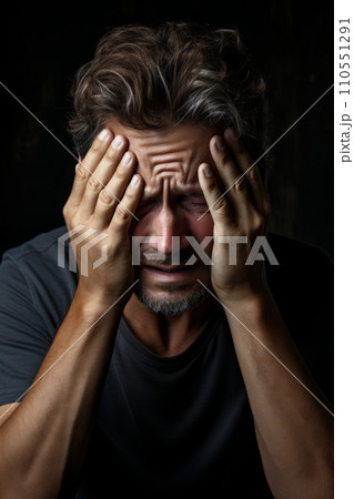 A man experiencing a severe migraine headache, shown grimacing and holding his temples in intense pain.. Generative AI. Fictional person. 110551291