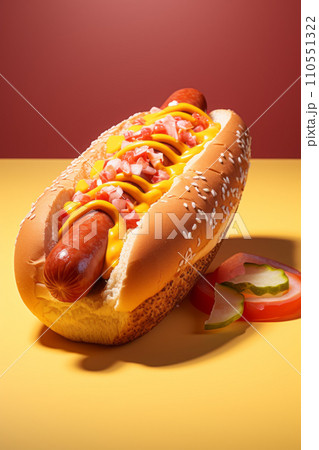 Succulent hot dog is nestled in soft bun and adorned with juicy tomato slices, refreshing cucumber, and zesty mustard. The two-color background, with vibrant yellow and red hues. Generative AI 110551322