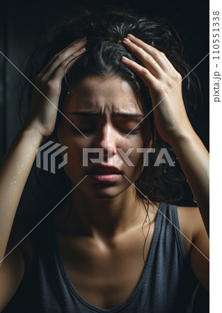 A woman deeply affected by depression, expressing sadness and emotional distress. Generative AI 110551338