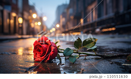Red rose on the street in the old city. Generative AI Red rose on the street in the old city. Generative AI 110551630