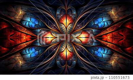 Symmetrical pattern in stained-glass window style. Blue, red, and yellow palette. Computer-generated graphics. Generative AI 110551673