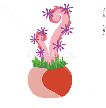 Close up Cute fan Alien Plant with Flowers and tentacles in Flower pot. Pink Botanical Graphic Art isolated on white background. Bright color Fantasy Design element for Book, Card, Poster, Banner. Close up Cute fan Alien Plant with Flowers and tentacles in Flower pot. Pink Botanical Graphic Art isolated on white background. Bright color Fantasy Design element for Book, Card, Poster, Banner. 110551796