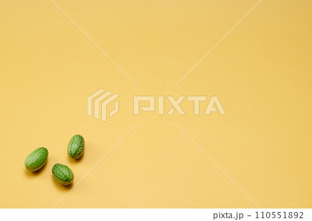 マイクロきゅうりを数粒右下に配置した黄色系背景あり俯瞰撮影 110551892
