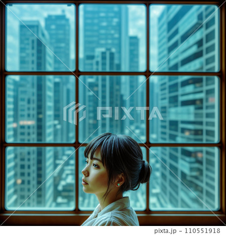 Asian woman with cityscape in the background. AI generated 110551918