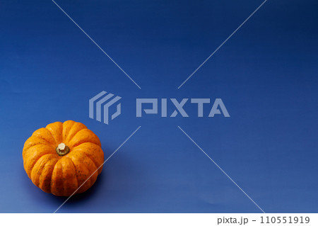小型のカボチャを中心に左下に1個配置した青色系背景あり俯瞰撮影 110551919