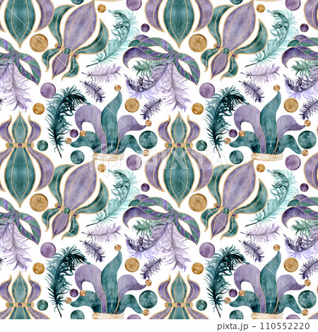 Hand drawn watercolor Mardi Gras carnival symbol. Jester fool hat, fleur de lis lily flower, mask domino feathers. Seamless pattern isolated on white background. Design for party, print, shop, package 110552220