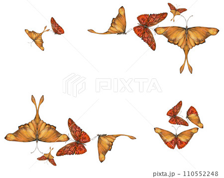 Hand drawn watercolor illustration butterfly fairy wings gem crystal insect moth. Amber garnet sunstone agate ruby. Horizontal frame isolated on white background. Design print, shop, wedding, birthday Hand drawn watercolor illustration butterfly fairy wings gem crystal insect moth. Amber garnet sunstone agate ruby. Horizontal frame isolated on white background. Design print, shop, wedding, birthday 110552248