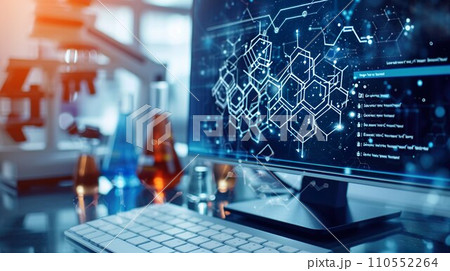 実験室に置かれたパソコンと瓶 実験室に置かれたパソコンと瓶 110552264