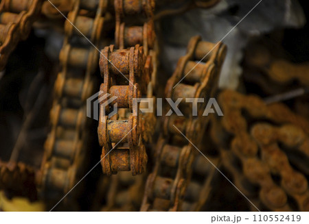Rusty chains are like a strong, reliable connection. Concept for the presentation of an old or obsolete block chain. Rusty chains background 110552419