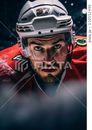 Close-up portrait capturing the intense and determined expression of an ice hockey player. The player's focused eyes and rugged features convey their commitment to the sport. Generative AI. Close-up portrait capturing the intense and determined expression of an ice hockey player. The player's focused eyes and rugged features convey their commitment to the sport. Generative AI. 110552495