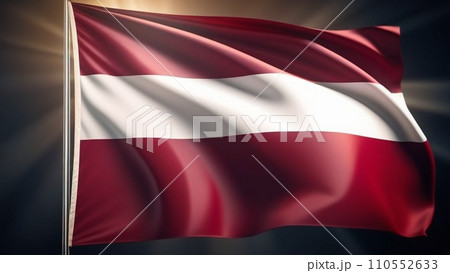 Close-up of Flag of the Republic of Latvia. Latvian flag waving in the wind against the sun Close-up of Flag of the Republic of Latvia. Latvian flag waving in the wind against the sun 110552633
