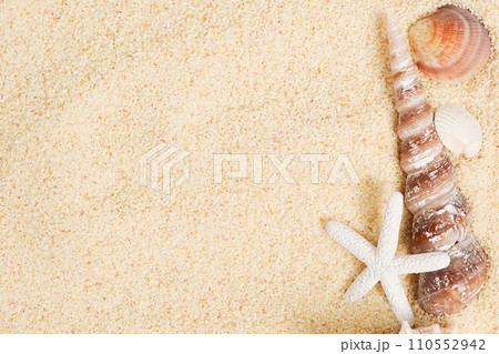 Seashells with starfish on sand background. Sea summer vacation frame card with space for the text 110552942