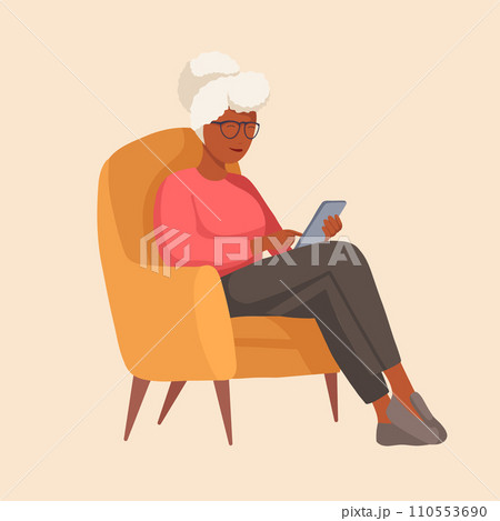 Vector illustration of african grandmother sitting in a chair with a phone in warm colors. Communication with the older generation via the Internet 110553690