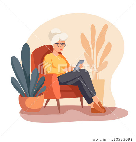 Vector illustration of a grandmother sitting in a chair with a phone in warm colors. Communication with the older generation via the Internet. 110553692