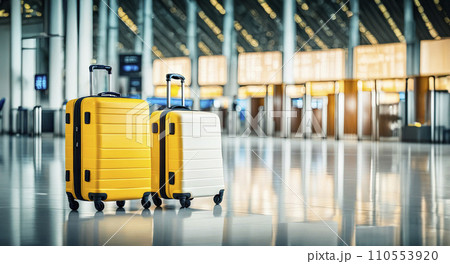 Travel Fashion. Closeup of two plastic suitcases standing at empty airport corridor, terminal hall, banner for air travelling Travel Fashion. Closeup of two plastic suitcases standing at empty airport corridor, terminal hall, banner for air travelling 110553920