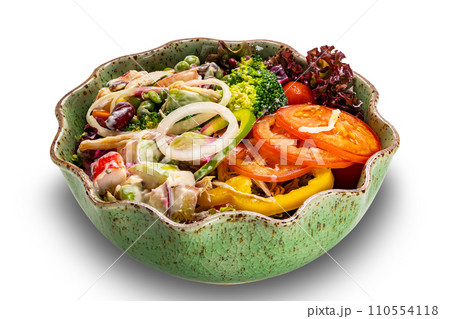 High angle view of salad bowl isolated on white background. 110554118