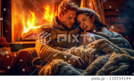 Intimate Fireside Moment with a Young Couple - Generative AI 110554144