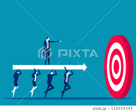 Business team carry huge arrow with leader standing on it running to huge target. Business goals achievement vector concept Business team carry huge arrow with leader standing on it running to huge target. Business goals achievement vector concept 110554343