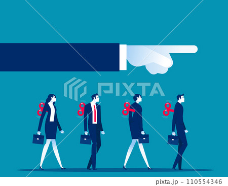 Clockwork toy businesspeople walk in unison as big hand controls their direction. Business vector illustration concept Clockwork toy businesspeople walk in unison as big hand controls their direction. Business vector illustration concept 110554346