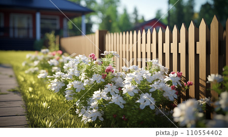 AI-generated content. White and pink flowers blooming along a wooden picket fence in a suburban setting with a house in the background 110554402