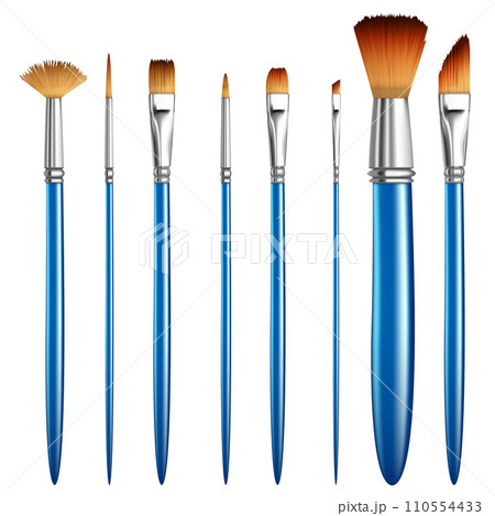 Realistic Detailed 3d Different Artist Paintbrushes Set Isolated on White Background. Vector illustration of Professional Paint Brushes 110554433