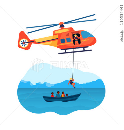 Cartoon Color Rescue Helicopter and Boat Refugees Mission Rescue at Sea or Flood Concept Flat Design Style. Vector illustration Cartoon Color Rescue Helicopter and Boat Refugees Mission Rescue at Sea or Flood Concept Flat Design Style. Vector illustration 110554441