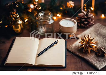 A notebook and pen on a blurred festive New Year's background - Generative AI A notebook and pen on a blurred festive New Year's background - Generative AI 110554698