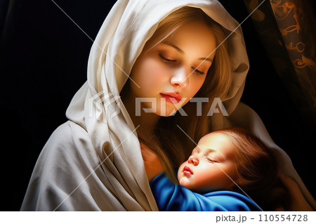 Jesus Christ's Birth in Bethlehem: A Sacred Moment Virgin Mary holding a baby in her arms - Generative AI Jesus Christ's Birth in Bethlehem: A Sacred Moment Virgin Mary holding a baby in her arms - Generative AI 110554728