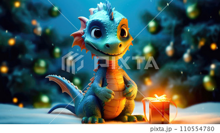 2024 Year of the Dragon - Cute Green Dragon Illustration - Generative AI 110554780