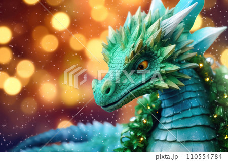 Festive Bokeh Background with Cute 2024 Dragon Toy - Generative AI 110554784