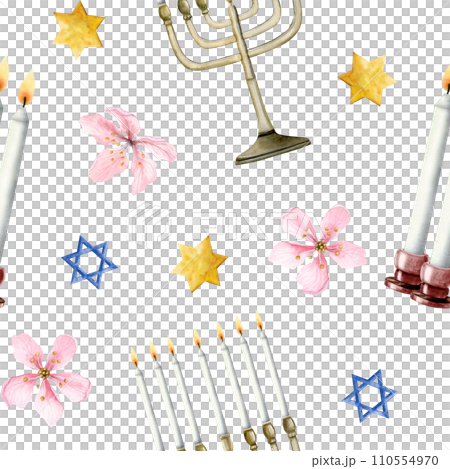 Shabbat candles, Jewish menorah, stars of David and flowers watercolor seamless pattern on white background for meeting of Saturday 110554970