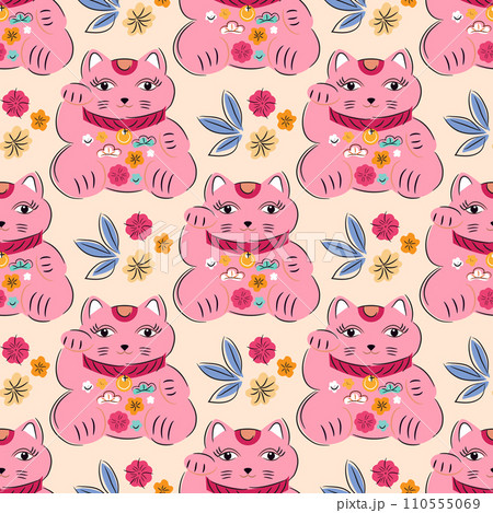 Awesome maneki-neko cats  seamless pattern  110555069