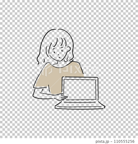 「こちらをご覧ください」とパソコンの画面を見せてくる女性スタッフ 110555256