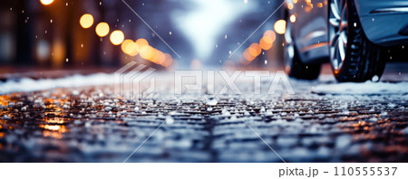 Winter Travel Preparations: Vehicle with Snow Tires on Icy Road - Generative AI Winter Travel Preparations: Vehicle with Snow Tires on Icy Road - Generative AI 110555537