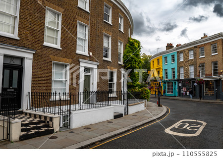 Abandoned Street With Picturesque Houses In The District Notting Hill in London, United Kingdom Abandoned Street With Picturesque Houses In The District Notting Hill in London, United Kingdom 110555825