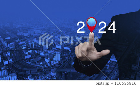 Happy new year 2024 map pointer navigation concept Happy new year 2024 map pointer navigation concept 110555916