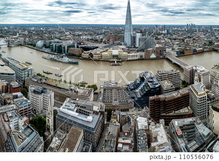 Panorama View Of London From Sky Garden With River Thames, The Shard, Warship Belfast And Towerbridge In The United Kingdom Panorama View Of London From Sky Garden With River Thames, The Shard, Warship Belfast And Towerbridge In The United Kingdom 110556076
