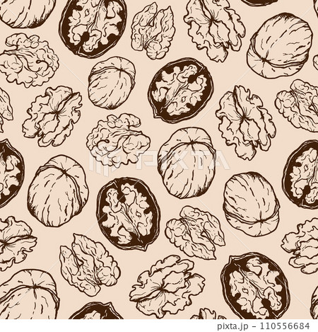 Vector seamless pattern of line art walnut. Hand painted nuts on pastel beige background. Tasty food illustration for design, print, fabric or background. 110556684