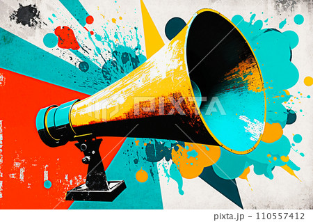 Blurred Megaphone with colorful splashes on grunge background. Loudspeaker Blurred Megaphone with colorful splashes on grunge background. Loudspeaker 110557412