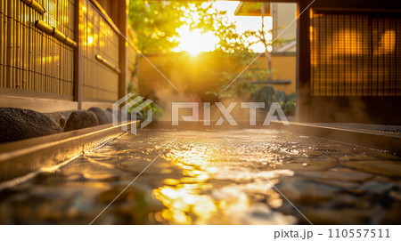 静かな夕暮れ時に湯けむりの温泉が楽しめる、静かな温泉 110557511