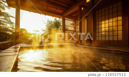 静かな夕暮れ時に湯けむりの温泉が楽しめる、静かな温泉 110557513