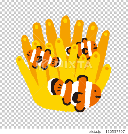 Hand-drawn illustration of a clownfish [tropical fish] hiding in an anemone 110557707