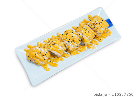 Top view of Salmon rolls, Delicious sushi with fish fillet, cream cheese, focus selective Top view of Salmon rolls, Delicious sushi with fish fillet, cream cheese, focus selective 110557850